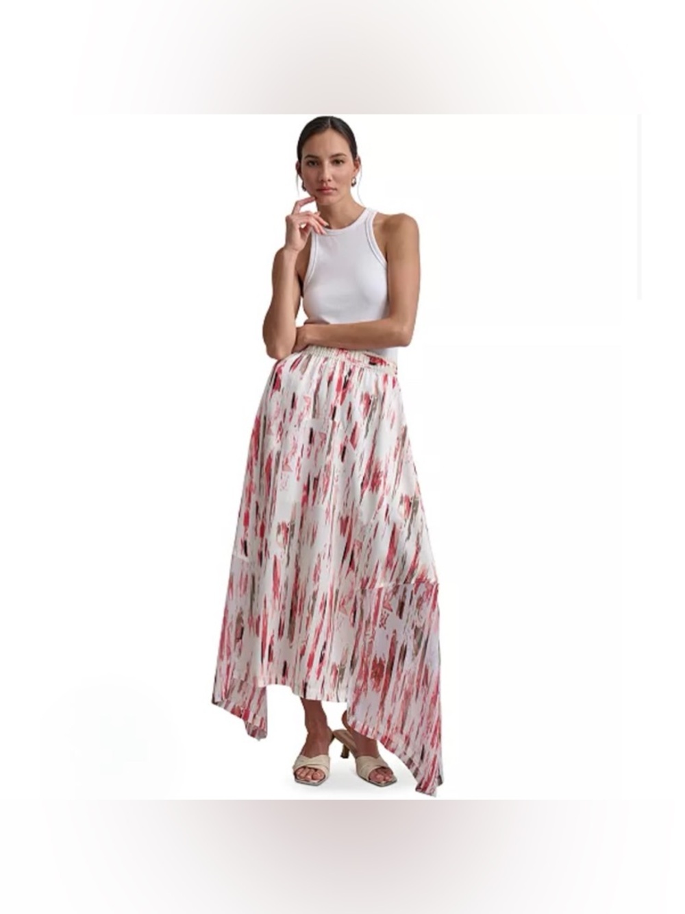 NWT DKNY Handkerchief-Hem Paint Stroke Printed Maxi Skirt Beachy Resort Vibes